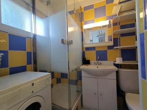 La salle de bains est pourvue d'un lavabo, d'une douche et d'un lave-linge. dans l'établissement Coquet T3 familial à Cap Coudalère avec parking privatif - FR-1-799-51, au Barcarès