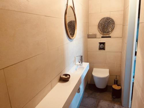 a bathroom with a sink and a toilet at La Galerie, suite pour 2 personnes avec chambre supplémentaire possible in Saint-Fargeau
