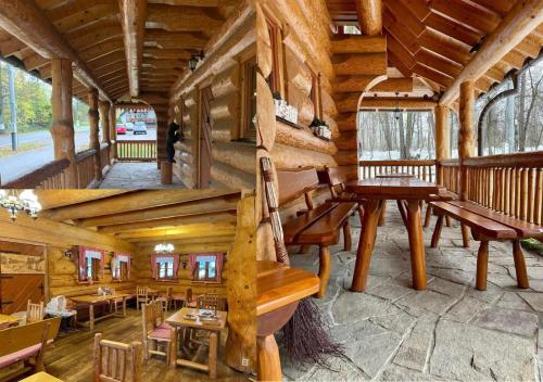 a log cabin with a table and benches in it at Srub u Medvěda in Nový Jičín