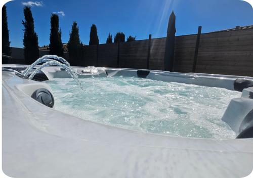 d'une baignoire avec de l'eau. dans l'établissement AMOUR - Gîte Luxe 4 étoiles -Douce Harmonie Massages & SPA 5 places -Cocon Discret Insolite sans vis à vis en toute sérénité - 5 min Carcassonne, à Villemoustaussou