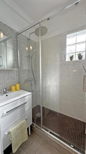 une salle de bain avec douche et lavabo dans l'établissement Chez jeannine, à Limoges