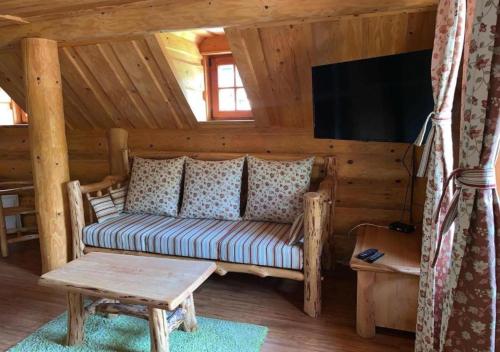 a living room with a couch and a flat screen tv at Srub u Medvěda in Nový Jičín