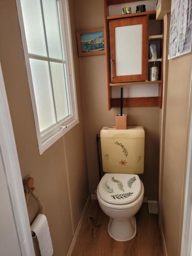 une petite salle de bain avec toilettes et fenêtre dans l'établissement Mobil-Home de Jean-Michel et Nicole, à Hyères