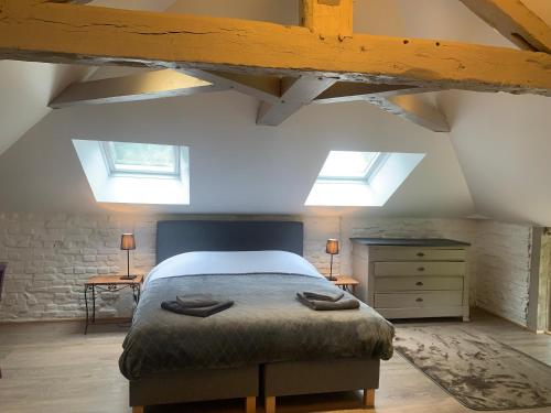 a bedroom with a bed and skylights in a attic at Le château de Bertreville Saint Ouen entre mer et campagne in Bertreville-Saint-Ouen
