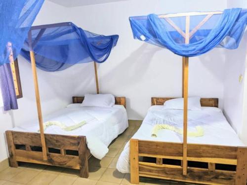 two beds in a room with blue umbrellas at STC.SAFARI LODGE in Oldeani