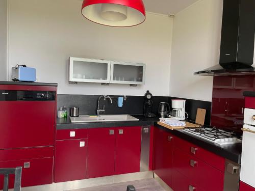 une cuisine avec des armoires rouges et un évier dans l'établissement Bâtisse au cœur d'un vignoble, à Montfrin