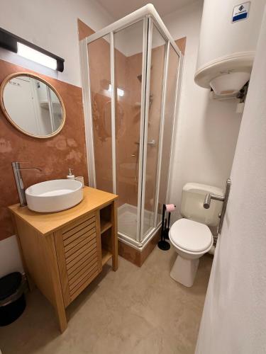 une salle de bain avec une douche, un lavabo et des toilettes dans l'établissement Studio à 500 metres de la plage - Parking privé, à Houlgate
