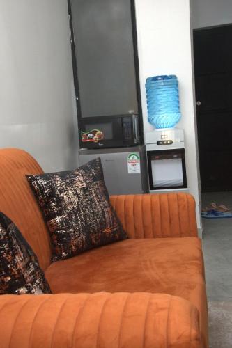 a couch with two pillows sitting in a living room at Legatus Cozy Studios 3 in Ongata Rongai 