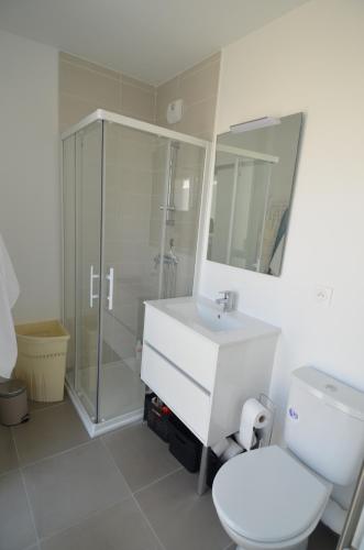 une salle de bain avec toilettes, lavabo et douche dans l'établissement VILLA SMOLETT - Appartement Cosy au cœur du quartier du port, à Nice