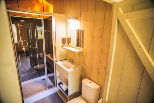 une salle de bain avec toilettes, lavabo et miroir dans l'établissement Camping Domaine le Peyral - Pionier Lodge XL, à La Salvetat-sur-Agout