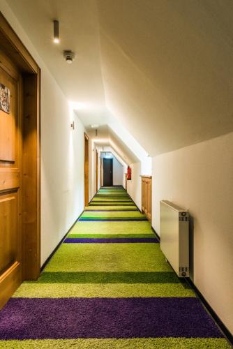 an empty hallway with a green and purple carpet at Jagdschloss Windenhütte in Thale