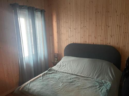 a bed in a room with a window and a pillow at La Baita di Nyra in Pizzoferrato