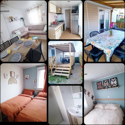 un collage de photos d'une cuisine et d'un salon dans l'établissement Mobil-home 6 personnes valras-plage camping 4 étoiles, à Sérignan