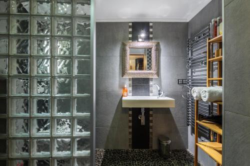 La salle de bains est pourvue d'un lavabo et d'une paroi en verre. dans l'établissement Coquet studio place du pin, à Nice