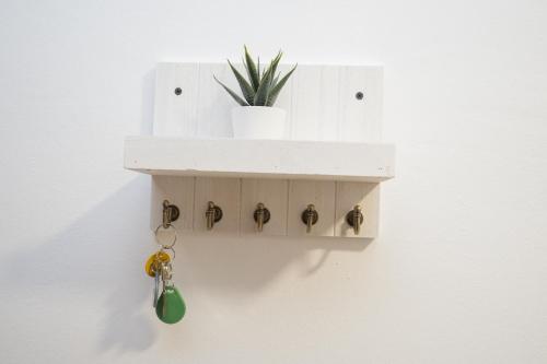 a white shelf with a potted plant on a wall at SIBS Sanlúcar Océano-Ideal Familias-Parking y Wifi Gratis in Sanlúcar de Barrameda
