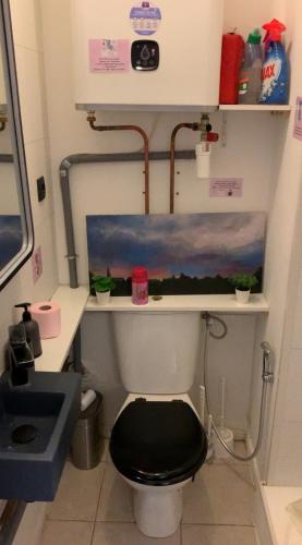 La salle de bains est pourvue de toilettes noires et d'un lavabo. dans l'établissement La Petite Hermine, gîte culturel Petits Bonheurs, à Férel