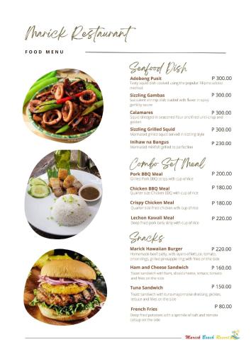a page of a menu for a restaurant at Marick Beach Resort in Carmen