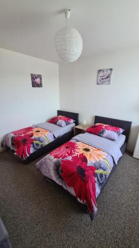 two beds sitting next to each other in a bedroom at Apartmán U AKVARISTY in Černá v Pošumaví
