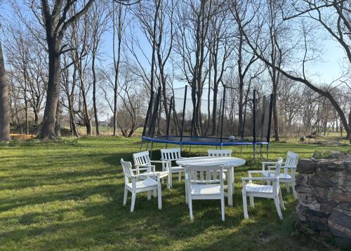 a table and chairs in a park with a ping pong table at Ferienwohnung Domaene Kermen in Leps
