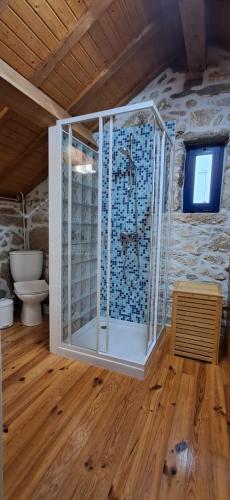 a bathroom with a glass shower in a room at Casinha Nº461 in Vila Praia de Âncora