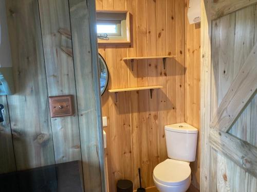 a wooden bathroom with a toilet and a shower at Fox lodge Shepherd Hut Sidmouth in Sidmouth