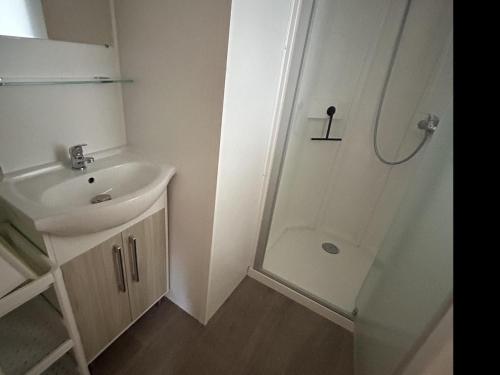 une salle de bain blanche avec un lavabo et une douche dans l'établissement La Réserve 4 étoiles emplacement 445B 3CH 1SDB 8 personnes, à Gastes