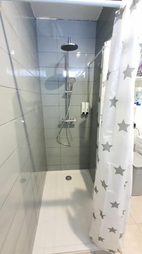 La salle de bains est pourvue d'une douche avec rideau de douche et étoiles. dans l'établissement Cozy and chic apartment 2, à Freyming-Merlebach