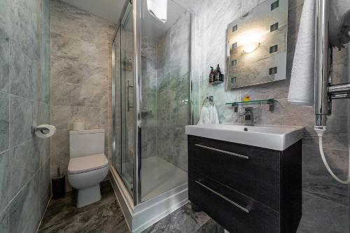 a bathroom with a toilet and a sink and a shower at Mishnish Hotel in Tobermory