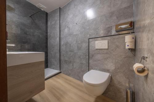 a bathroom with a toilet and a shower and a sink at Fletcher Hotel Restaurant De Burghoeve in Valkenburg