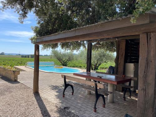 une table de pique-nique sous un pavillon à côté d'une piscine dans l'établissement Bâtisse au cœur d'un vignoble, à Montfrin