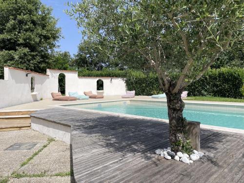 un arbre assis à côté d'une piscine dans l'établissement Villa rénovée à Cholet avec piscine privée et vue sur le lac, idéale pour 15 personnes - FR-1-622-105, à Cholet