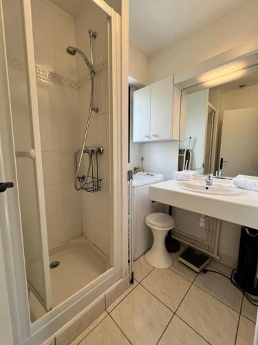 une salle de bain avec une douche, un lavabo et des toilettes dans l'établissement Carnac joli appartement entre plage et ville!, à Carnac