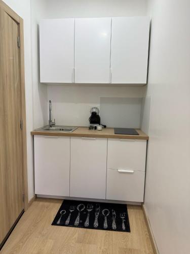 a kitchen with white cabinets and a sink and a rug at EXCEPTIONNEL Studio VERSAILLES in Le Chesnay