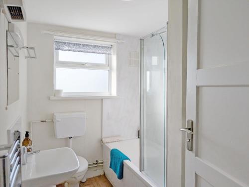 Un baño con ducha, inodoro y lavabo. en Southwood Farm Cottage, en West Stoke