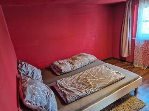 two beds in a room with a red wall at Haus Colmberg in Colmberg