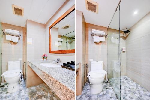 two pictures of a bathroom with a toilet and a sink at Palette The Travellers Hotel Bangkok in Bangkok