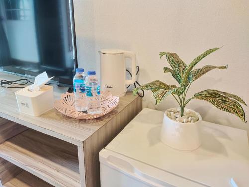 a potted plant sitting on a desk with water bottles at OYO 75446 Travis Inthamara 49 in Bangkok
