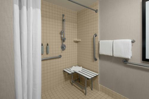 a bathroom with a shower with a bench in it at Residence Inn Chantilly Dulles South in Chantilly