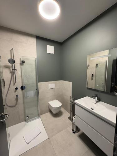 a bathroom with a shower and a toilet and a sink at New Age Boardinghaus Bad Rappenau in Bad Rappenau