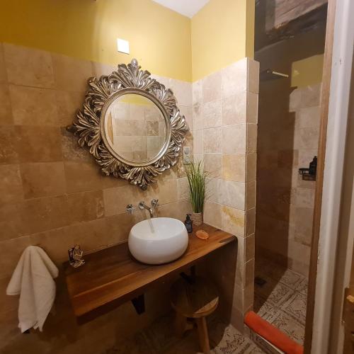 une salle de bain avec un lavabo et un miroir au mur dans l'établissement Mas de Mandirac, à Varen