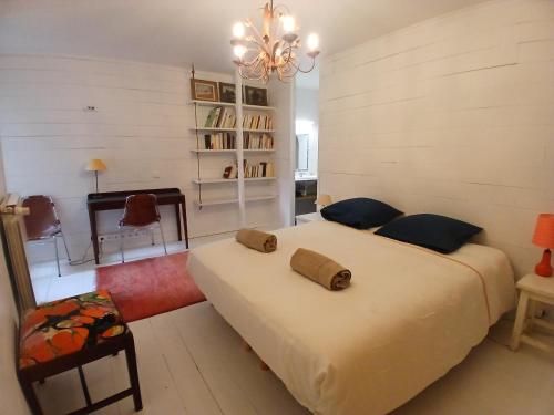 a bedroom with two beds and a chandelier at Pierres anciennes et soirées douces Coeur de ville in Pézenas