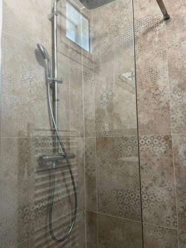 une douche avec une porte vitrée dans une salle de bain dans l'établissement La Fortification - Séjour à Auxerre, à Auxerre