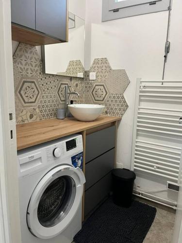 une salle de bain avec une machine à laver et un lavabo dans l'établissement La Fortification - Séjour à Auxerre, à Auxerre