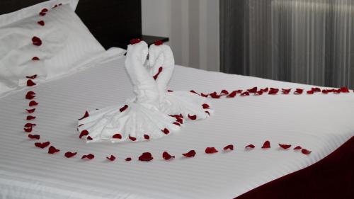 two swans in a bed covered in rose petals at Hôtel Calme Des Pins & Spa in Les Sables-dʼOlonne