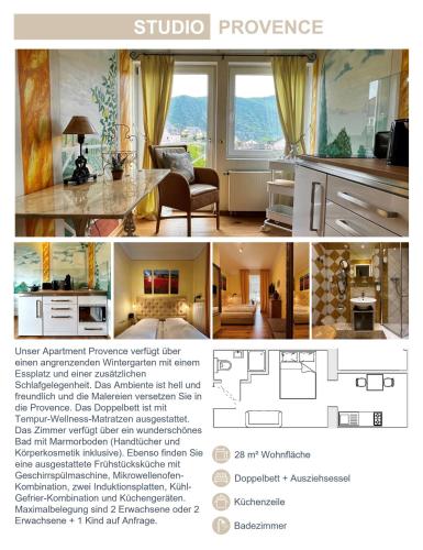 a collage of four pictures of a living room at Provence am Kurpark in Boppard