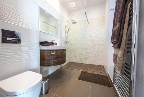 une salle de bain avec une douche, des toilettes et un lavabo dans l'établissement Villa avec vue imprenable sur la mer à Pietrosella - 270 m², à Pietrosella