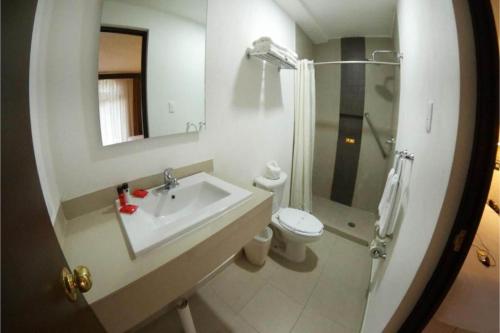 a bathroom with a sink and a toilet and a shower at Hotel Del Portal, Puebla in Puebla