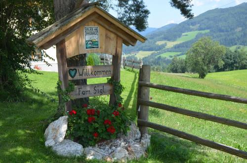 a wooden sign on a tree in a field at Ferienwohnung Familie Sigl - Rotlechner in Sankt Peter am Kammersberg