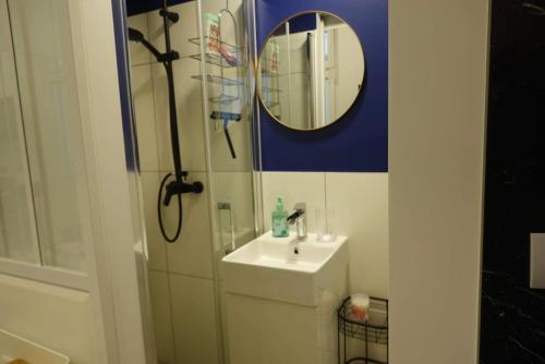 une salle de bain avec un lavabo et un miroir dans l'établissement Santé - LB - Petit cocon dans le 14ème, Paris pour 2p, à Paris