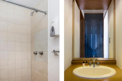 two pictures of a bathroom with a sink and a mirror at OYO Hotel Real Del Sur, Estadio Chihuahua in Chihuahua